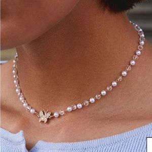 Pearl Beaded Choker Necklace With Butterfly Charm